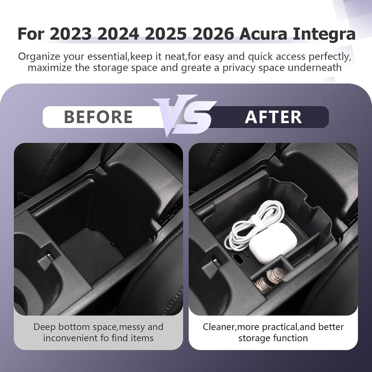 LUWU 2026 2027 Acura Integra Center Console Organizer for 2023 2024 2025 2026 2027 Acura Integra Accessories Armrest Console Storage Box Insert Tray ABS Material Black-Trim