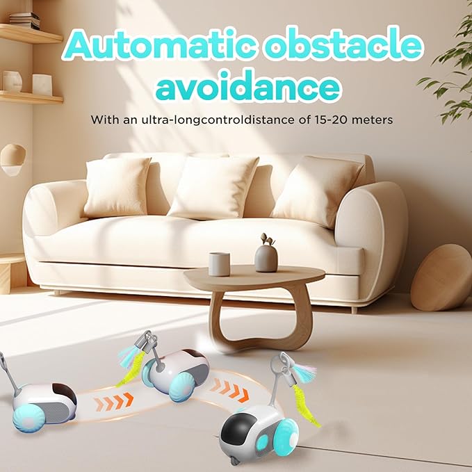 Turbo Tail 3.0 Interactive Cat Toy - Smart Remote Control Electric Mouse with Feathers, 3 Play Modes (Smart/Manual/Standby), Auto Obstacle Avoidance, Type-C, 8H Playtime - Blue (2PCS)