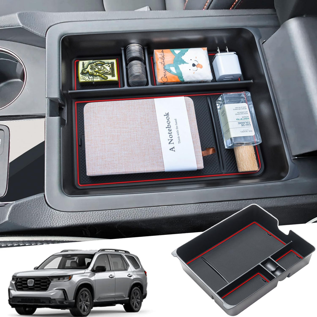 PIMCAR Center Console Organizer for 2023-2026 Honda Pilot, 2024-2026 Honda Ridgeline/Passport Upgrade Design Tray Accessories Interior Armrest Box Divider ABS Plastic Material-Red Trim