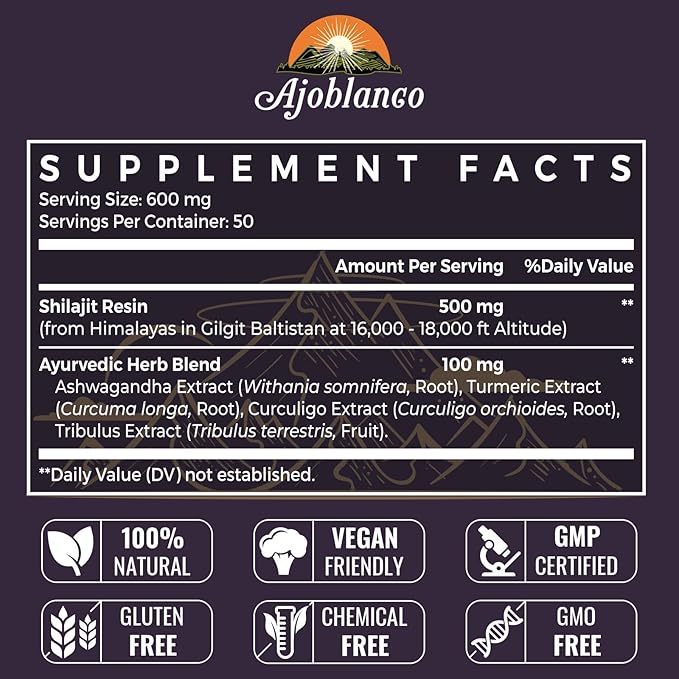 Ajoblanco 600mg Shilajit Pure Himalayan Organic Shilajit Resin - Himalayan Shilajit Resin with Organic Ayurvedic Blend in High Potency for Energy, Strength & Immunity, 30 Grams