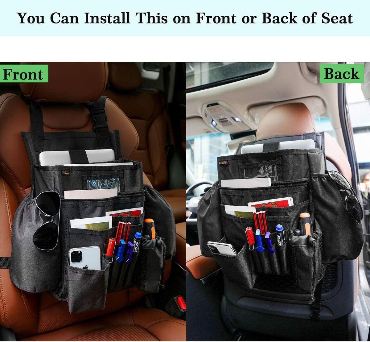 ECWKVN Car Front & Back Seat Organizer with Dedicated Tablet/Laptop Compartment, Passenger Seat File Storage with Cup Holder, Adjustable Backrest, and Padded Shoulder Strap