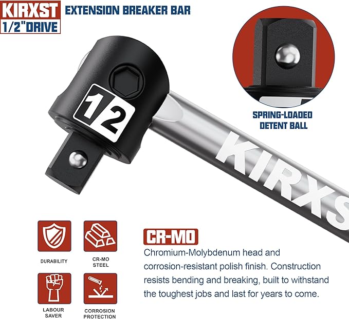 25-Inch 1/2” Drive Breaker Bar, 250° Rotatable Head, Heavy Duty Extension Breaker Bar, Ball Lock Function, Laser Marking, Mechanical Work, Automobile and Motorcycle Maintenance and Repair