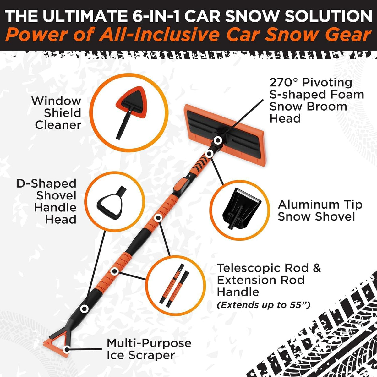 RoofPax 55" Ice Scrapers for Car Windshield and 270° Pivoting Non-Scratch Snow Brush Winter Car Kit with Snow Shovel Snow Brush for Cars and Snow Scraper with Extendable Snow Shovel for Car