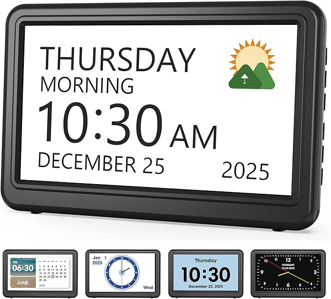 Clock with Day and Date for Elderly, Dimmable Dementia Alzheimers Clocks for