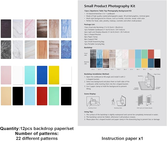 Meking 12Pcs 22Patterns Small Product Photography Backdrops Kit Photo