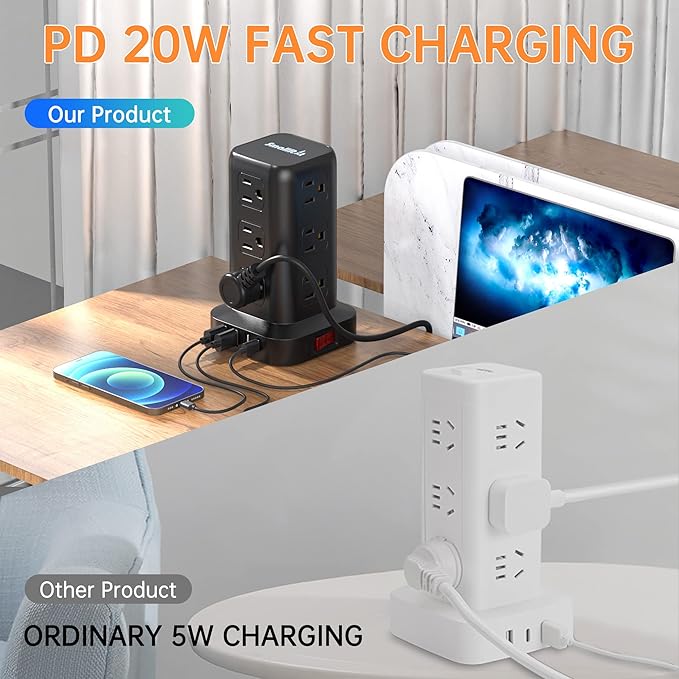 Extension Cord with Multiple Outlets, SMALLRT Surge Protector Power Strip Tower, PD 20W USB C, Outlet Extender with USB Ports 12 AC Outlets, 6.5FT Extension Cord for Home Office, Overload Protection