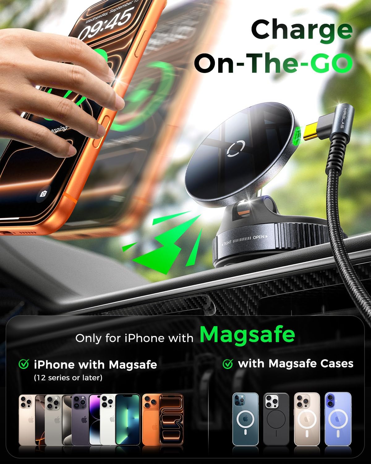 【Upgraded】for 15W MagSafe Car Mount Phone Charger w/ 3.3' USB-C Cable
