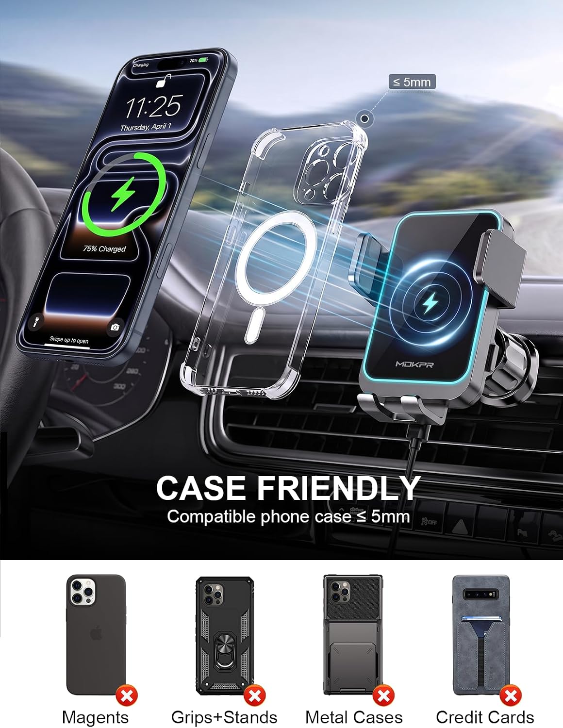 Wireless Car Charger Auto Clamping LED Car Charger Dash Windshield Air Vent