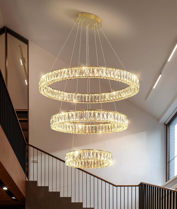 HAIXIANG Modern Glam Chandelier Crystal LED Remote Rings Chandelier Adjustable