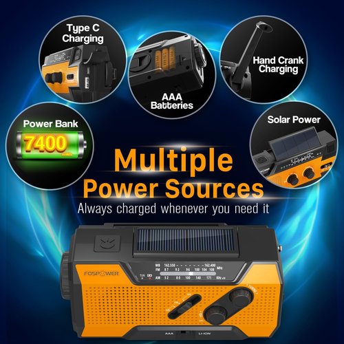FosPower NOAA Emergency Weather Radio - Portable Power Bank with AM/FM, USB/Solar/Hand Crank Charging | Orange