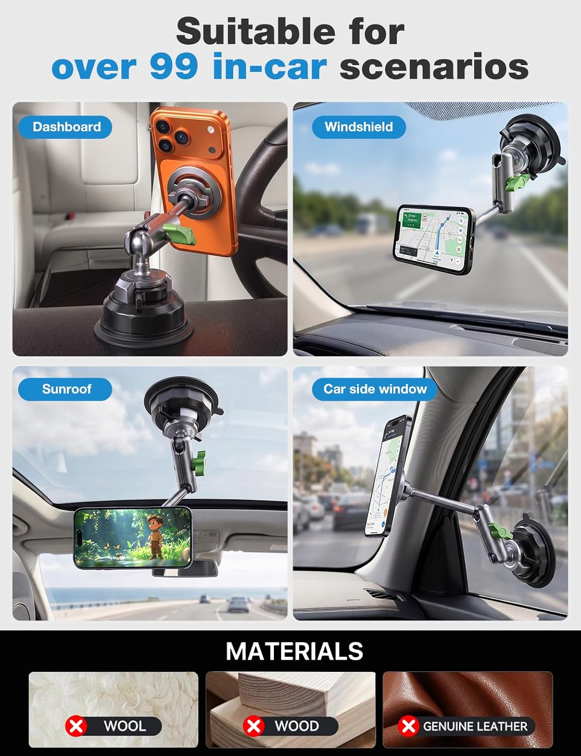 miracase Heavy Duty Aluminum Alloy Car Phone Holder for Magsafe, CNC Machined Metal Arm w/Friction Lock Joint & Large Vacuum Suction Cup, 360° Rotatable Windshield Holder for iPhone & All Smartphones