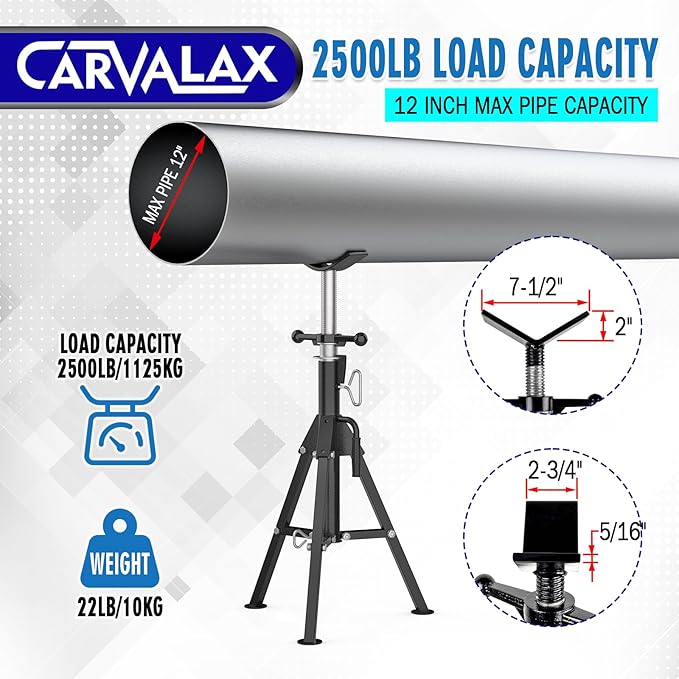 CARVALAX V-Head Pipe Jack Stands, 28"-52" Adjustable Pipe Stand Fits 1/2" - 12" Pipe Capacity w/ 2500LB Load Capacity, Steel Pipe Stand for Welding w/Portable Folding Legs