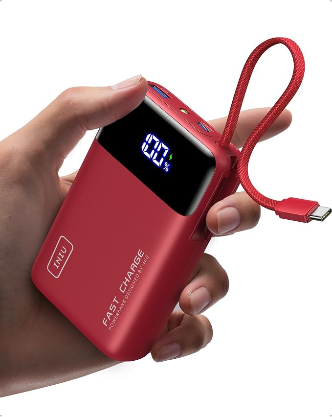 INIU 20000mAh Power Bank, Small Portable Charger, 45W PD Fast Charging Battery Pack with Build in USB-C Cable, Travel Phone Charger for iPhone 17 16 15 14 Air Samsung S25 S24 Google iPad Xiaomi, Red