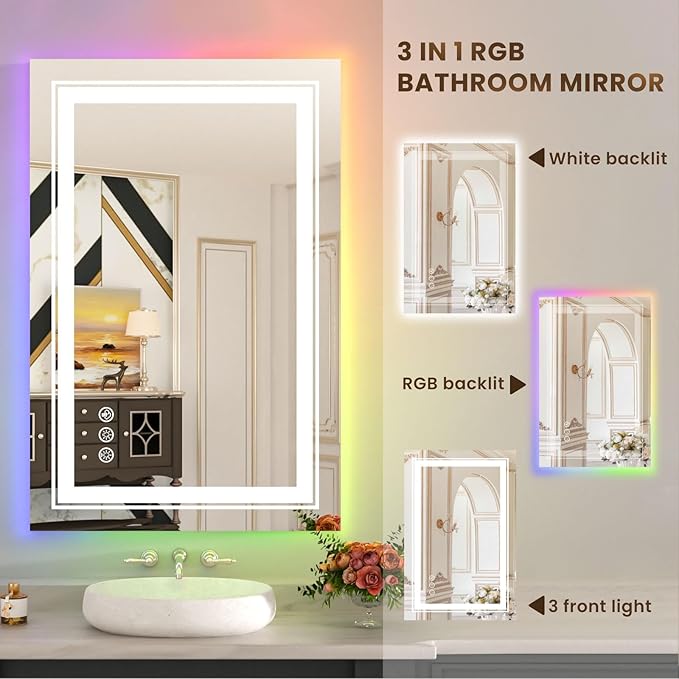 WTTY RGB LED Bathroom Mirror 30"x36" with Backlit and Front Light,Stepless Dimmable LED Mirror for Bathroom,Lighted Bathroom Vanity Mirror for Wall,Anti-Fog,Memory Function,Shatter-Proof