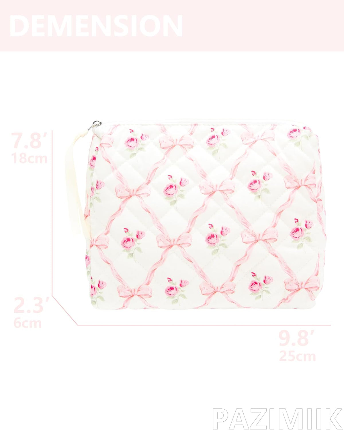 Quilted Makeup Pouch for Women, Travel Cosmetic&Toiletry Bag,Bow Rose