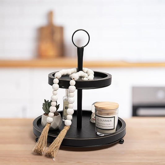 GENMOUS Black Farmhouse Tiered Tray Decor with Distressed Wood Bead Garlands, Wooden Tiered Tray Stand for Seasonal Display, Decorative 2 Tiered Serving Tray with Metal Handle for Rustic Home Décor