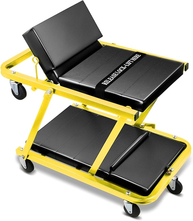Auto Dynasty 48" Z-Creeper Seat, 2-in-1 Foldable Garage Rolling Creeper Shop Seat, 330 LBS Capacity Automotive Mechanic Under Car Repair Tool, Yellow