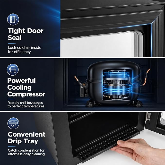 COSTWAY 24 Cans Beverage Refrigerator, 18L/0.6 Cu.Ft Countertop Mini Fridge | Quiet Drink Cooler with Touch Panel, 40-61℉ Thermostat, Tri-Layer Insulated Door and Blue LED Lights for Home Office & Bar