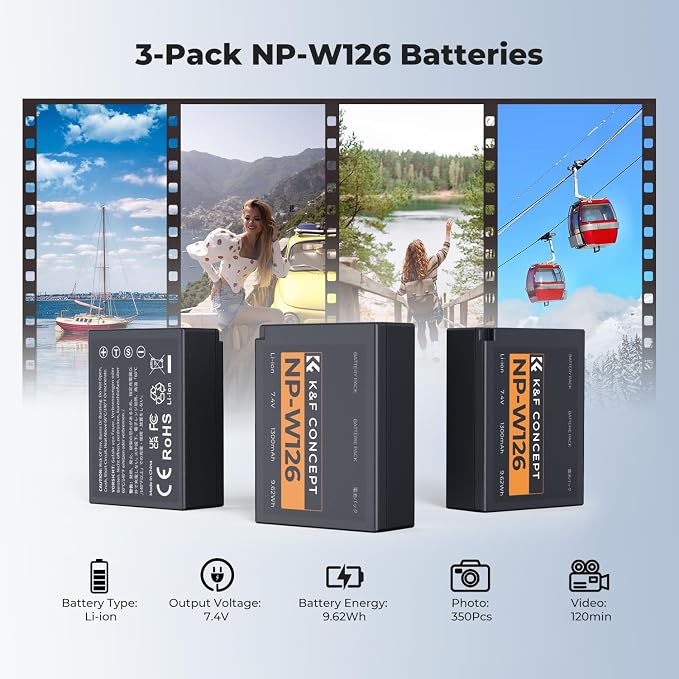 K&F CONCEPT 3-Pack NP-W126 Battery and Upgraded 3-Slot NP-W126S XT30III Battery