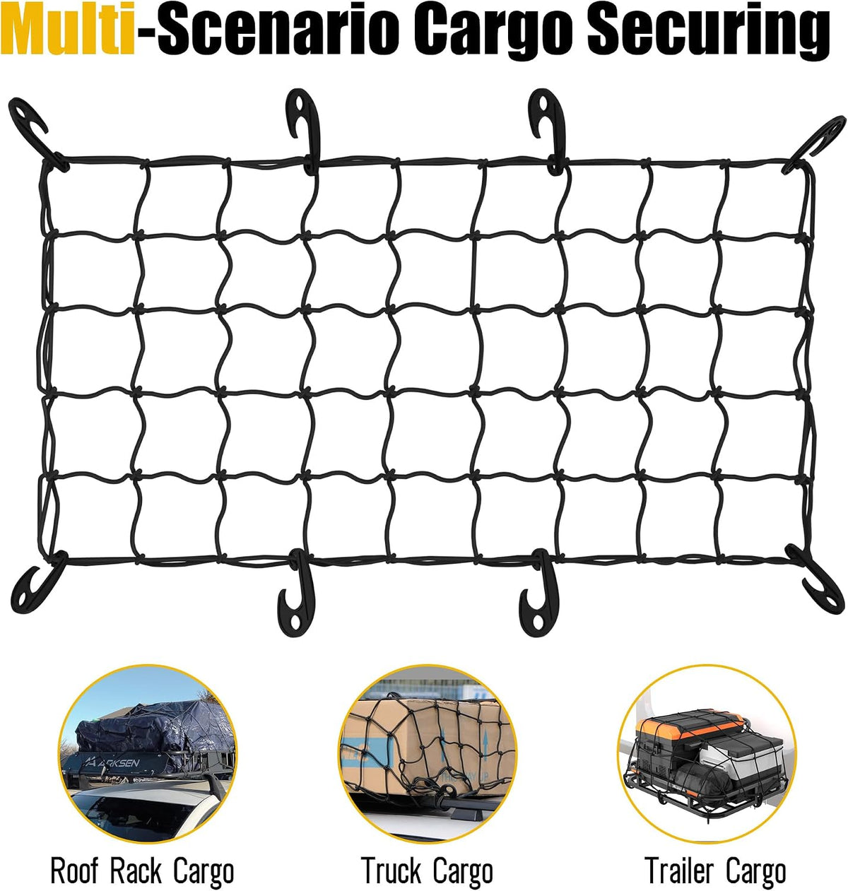 ARKSEN 17" x 33" Heavy Duty Tangle-Free Nylon Cargo Net (3.9" x 3.9" Mesh) Universal Bungee Stretches for Pickup, Truck, Bed, SUV, Roof Rack & Travel Luggage Rack