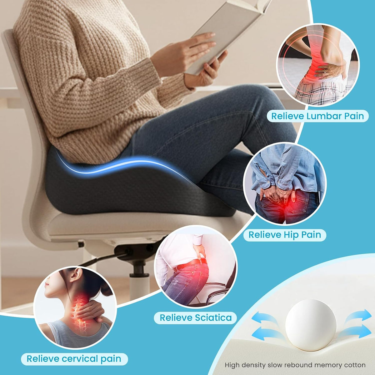 Seat Cushion,Ergonomic Chair Cushions for Sit Bone Tailbone Pain Relief,Sciatica &amp; Back Support,Memory Foam Butt Pillow for Office,Car,Home,Gaming,Wheelchair