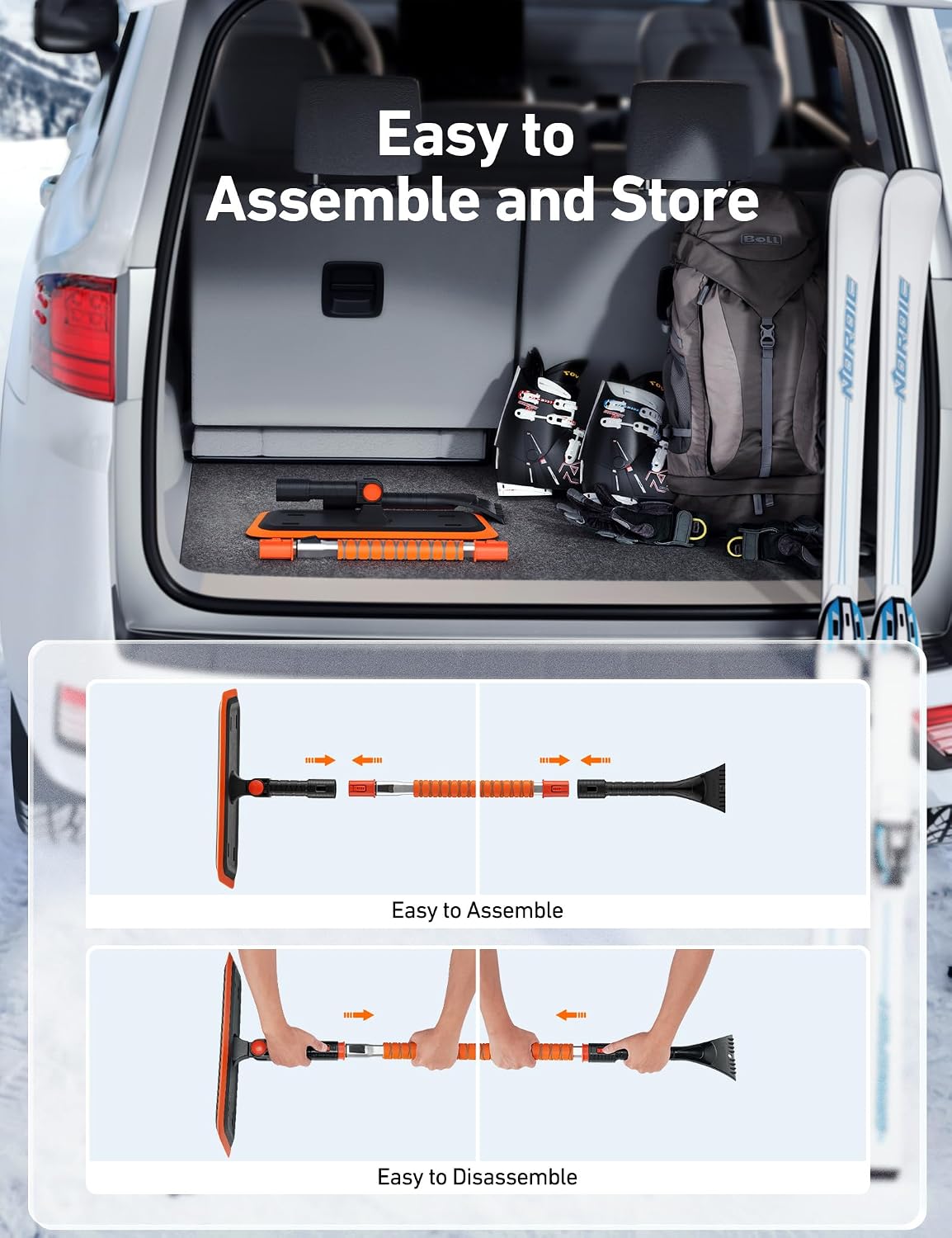 AstroAI 47.2 Inch 2-in-1 Snow Brush for Car Snow Broom and Detachable Ice Scraper with Non-Abrasive Silicone Head for Cars, Trucks, SUVs（Orange-Black）