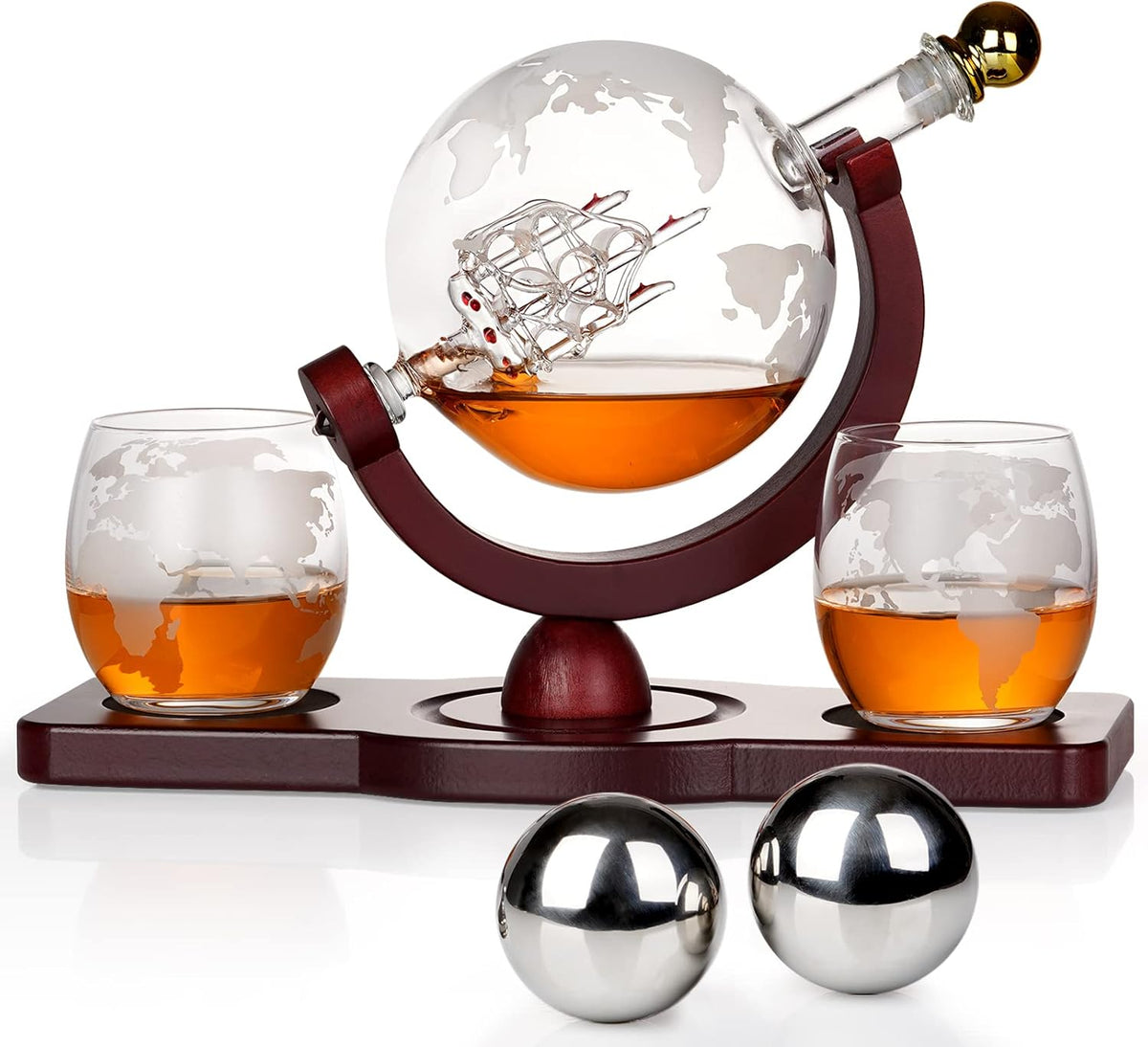 PONPUR Whiskey Decanter Globe Set - Includes 2 Glasses & 2 Ball Stones | Perfect Gift for Men, Dads & Husbands