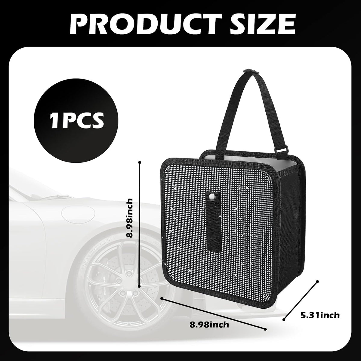 Bling Car Trash Can with Rhinestone,Foldable Car Garbage Can for in-Vehicle Waste Disposal,Multipurpose Hanging Back Seat Organizer & Decorations Fit for Most Cars Trucks