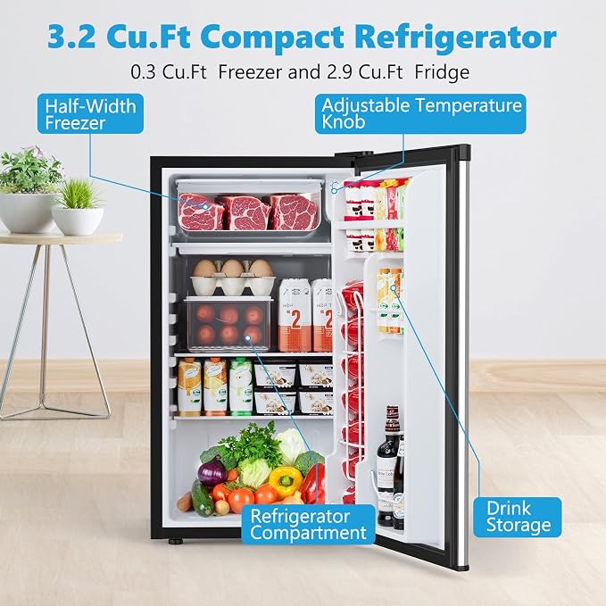 COWSAR 3.2 Cu.Ft Mini Fridge with Freezer for Bedroom Office, Silver | Single Reversible Door, 7 Temperature Settings, Energy Saving, 2 Removable Shelves, Compact Fridge for Apartment Dorm