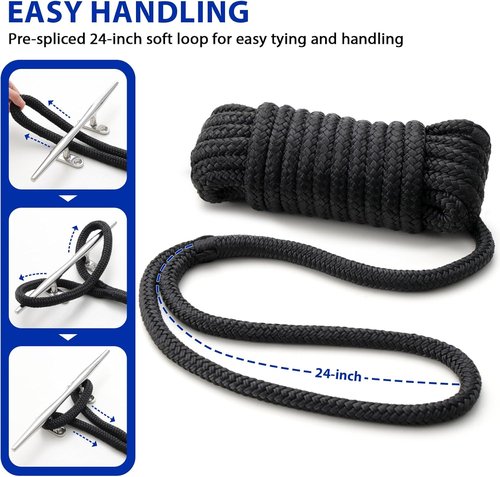 Boat Dock Lines Marine Rope - Double Braided Nylon 1" x 35ft with 24" Loop | 2 Pack for Secure Mooring
