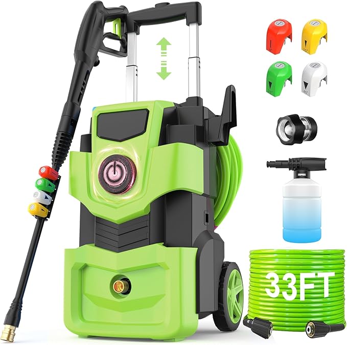 Adjustable Electric Pressure Washer 5000PSI with 33FT Flexible Extension Hose + 34FT Power Cord, 4 Nozzles, Foam Cannon, Best Power Washer for Cars, Patios, Driveways, Green