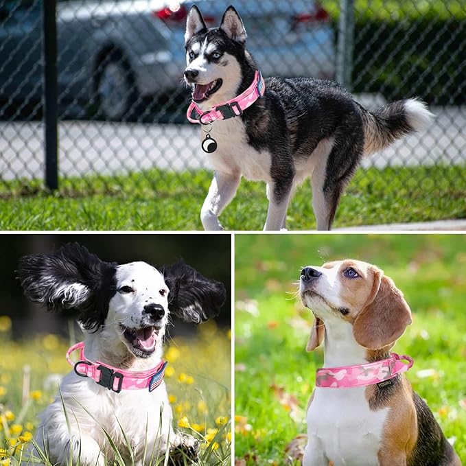 Hotsky Tactical Dog Collar, Adjustable Military Training Nylon Airtag Collar with Handle and Heavy Duty Metal Buckle for Medium Large Dogs, with Airtag Holder and Two Patches（Pink Camo,XL）