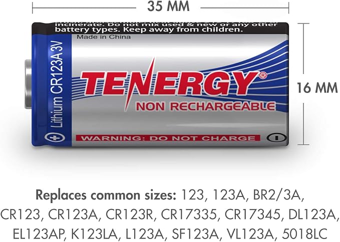 Tenergy 3V CR123A Lithium Battery, High Performance 1500mAh CR123A Cell