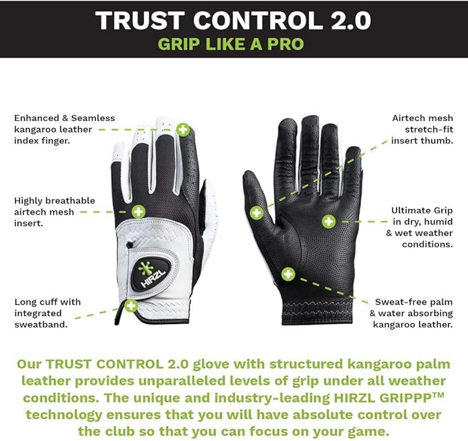 HIRZL Trust Control 2.0 Golf Glove, All Weather Mens Golf Glove, White/Black, Kangaroo Leather Palm, Cabretta Leather Backhand, Trusted by Pro’s, Sweat Free, Ultimate Grip