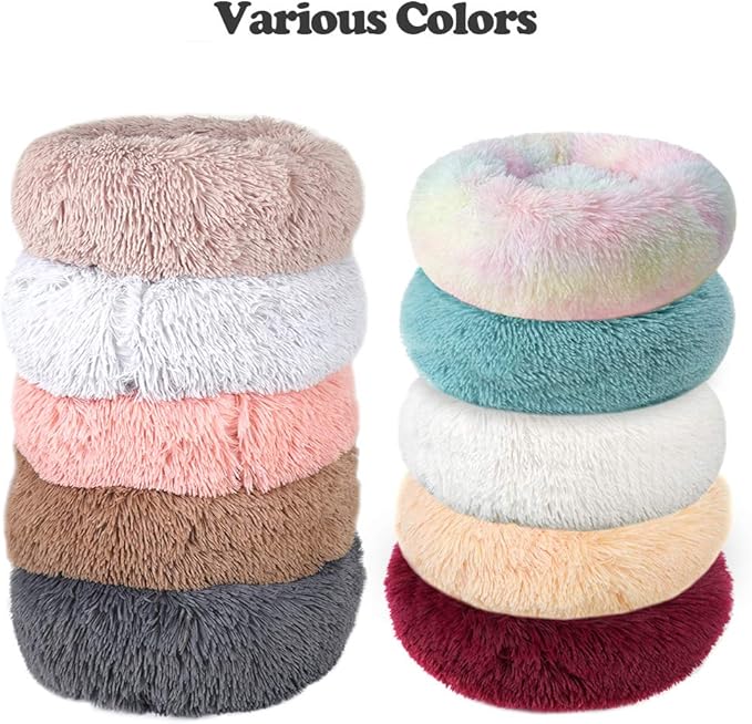 otoez Kitten Puppy Bed Small Round Dog Cat Beds Anti Anxiety Plush Pet Calming Donut Bed with Non-Slip Waterproof Bottom, Washable (19.7", Dark Red)
