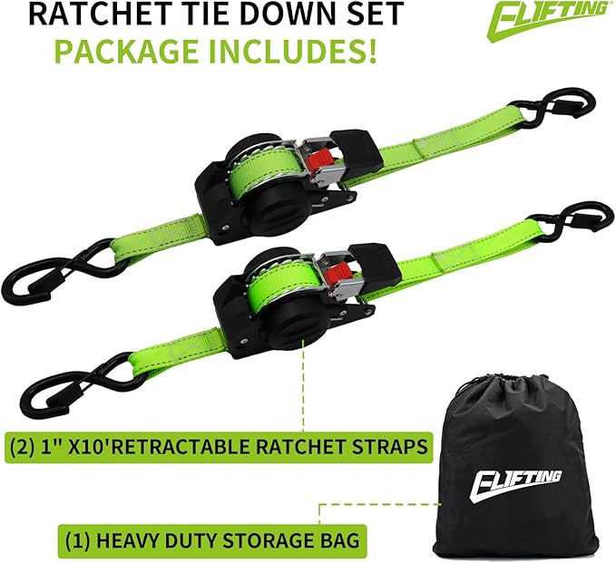 Retractable Ratchet Straps (2-Pack) 1 Inch x 10 Feet Auto Self Retracting Tie Down Straps (1650lbs Break Strength) Reflective Safety Stitching for Motorcycle ATV UTV Truck Trailer - Green