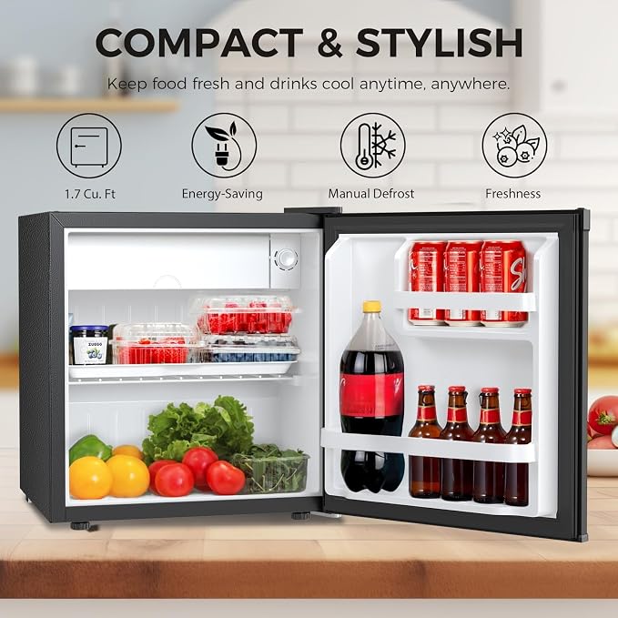 Antarctic Star 1.6 Cu. Ft Mini Fridge with Freezer,Small Compact Refrigerator with Single Reversible Door, Removable Shelves, 7 Adjustable Thermostat, for Dorm/Bedroom/Office,Black