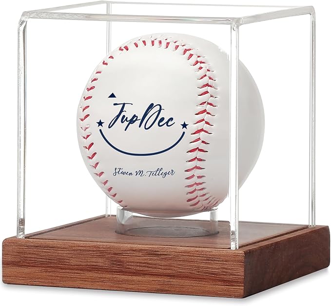 JupDec Baseball Display Case - Clear Cube Baseball Holder with Wooden Base, Autograph Stand Box for Single Ball, Acacia Wood, Brown, 1 Pack