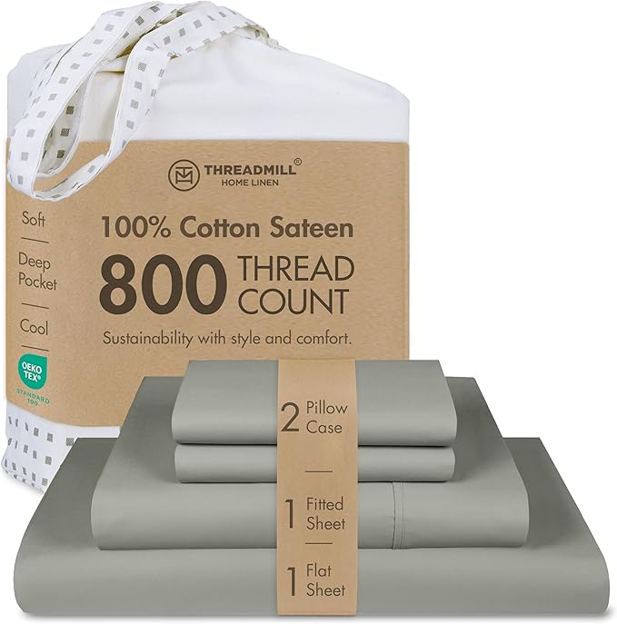 Threadmill Luxury 800 Thread Count King 100% Cotton Sheets - Moonrock Grey Sateen Weave Bed-Sheets, Better Than Egyptian Cotton, 4 Pc Solid Soft Bed Set, Fits 16" Deep Pocket