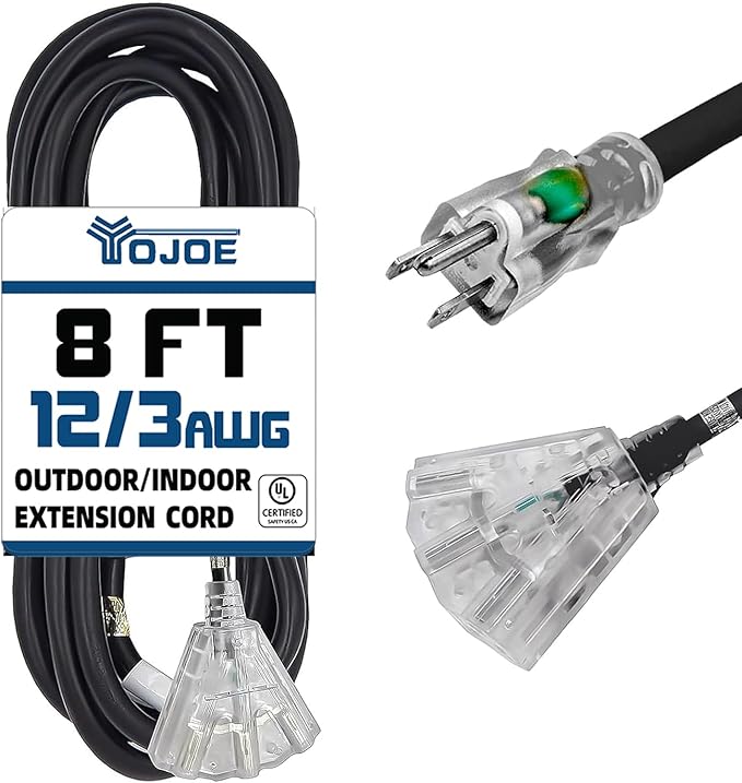 YOJOE 3-Outlets Indoor Outdoor Extension Cord with Lighted End, 3 Prong 15A Weatherproof Power Cord, 12 Gauge Heavy Duty 8 ft Black Extension Cord Multiple Outlets, 12/3 SJTW UL Listed