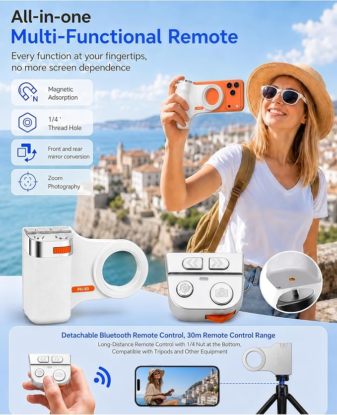 Magnetic Phone Camera Grip for iPhone & Android, Zoom Control and 1/4" Tripod