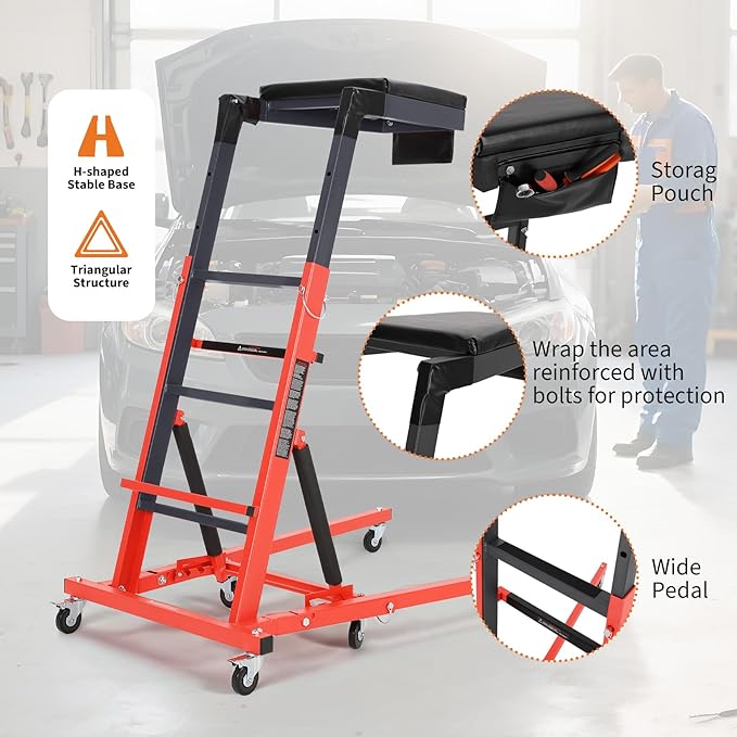 Topside Automotive Creeper,Engine Topside Creeper with Adjustable Height 48"-66", 400 Lbs Heavy-Duty Foldable Garage Creepers, 6 Swivel Casters, Padded Deck, Tool Pouch, for Truck/SUV Garage Mainten
