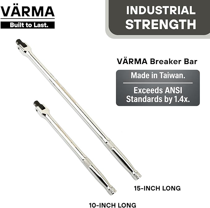 3/8-Inch Drive Breaker Bar, 10-Inch – Heavy Duty CR-MO Head & 15mm Thick Shaft – Dual-Knurled Non-Slip Grip, Constant Tension Flex Head, Premium Mirror Chrome Finish