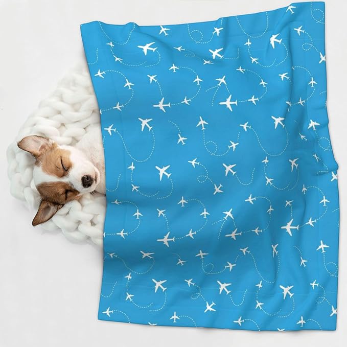 Reversible Dog Blanket for Beds Couches, Aircraft Airplane Pattern Navy Blue, Double Sided Cat Blanket with Textured Dot Feel and Smooth Feel for Seasonal Comfort All Year