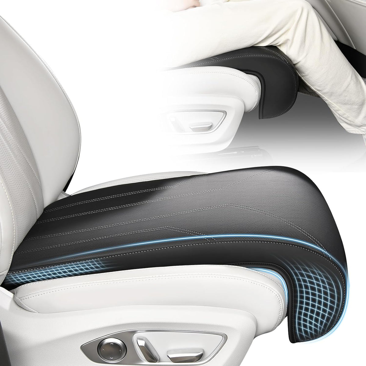 FLORICH Car Seat Extender Leg Support Cushion for Driver Seats Office Chair, Leather Memory Foam Widened seat Cushion for Long Drivers Universal Car Seat Cushion Legs Rest Pads-Dark Black