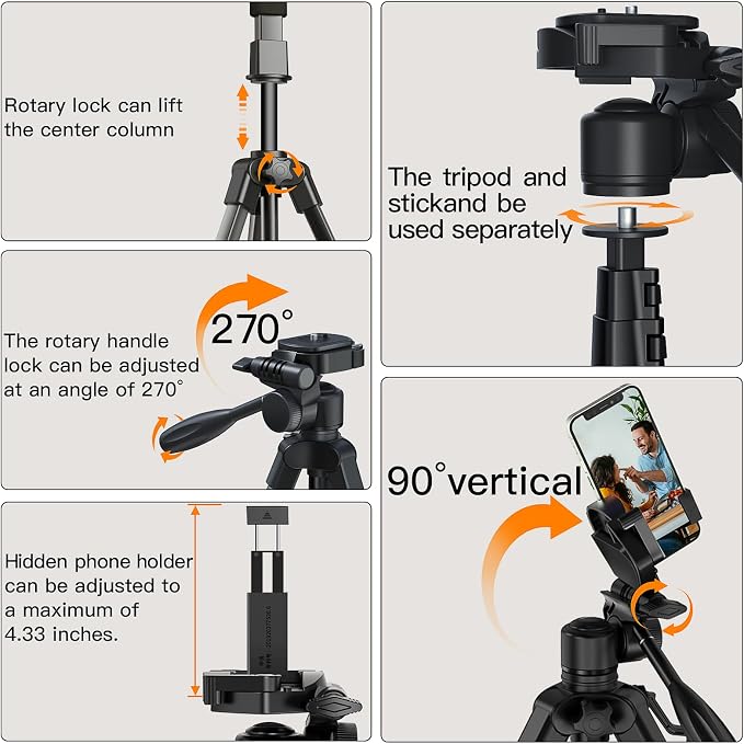 Camera Tripod 66.7 Inch, Patented 3-Way Rotating Portable Cameras Stand