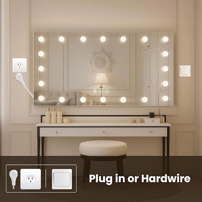 WTTY LED Bathroom Mirror with Lights 72"x36" Hollywood Wall-Mounted Mirror with 3 Color Temperatures, Stepless Dimmable Bulbs, Anti-Fog & Shatter-Proof
