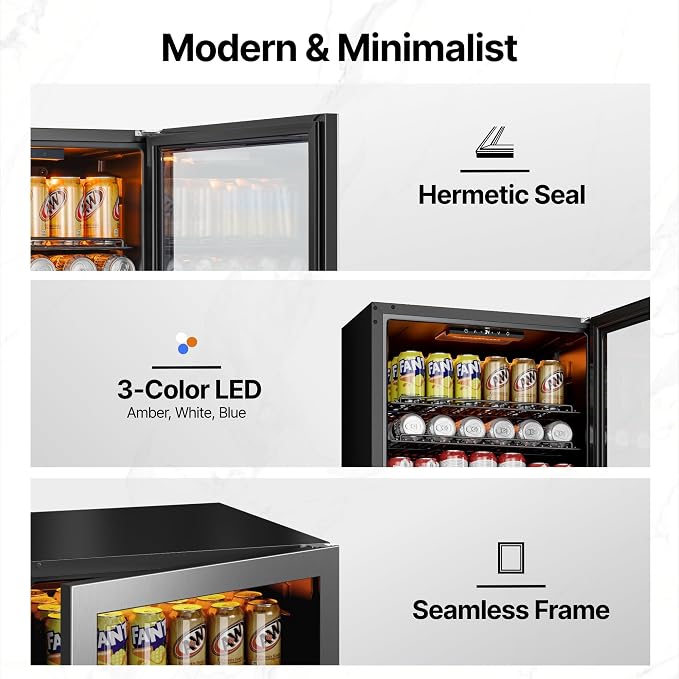 Ca'Lefort 155 Cans Mini Fridge, Beverage Refrigerator Cooler for Drink/Beer | 4.59 Cu.ft, Low-noise, Reversible Glass Door, 3-Color LED Lighting, Adjustable Shelves, 34℉ to 54℉ | Home Dorm Office Kitchen