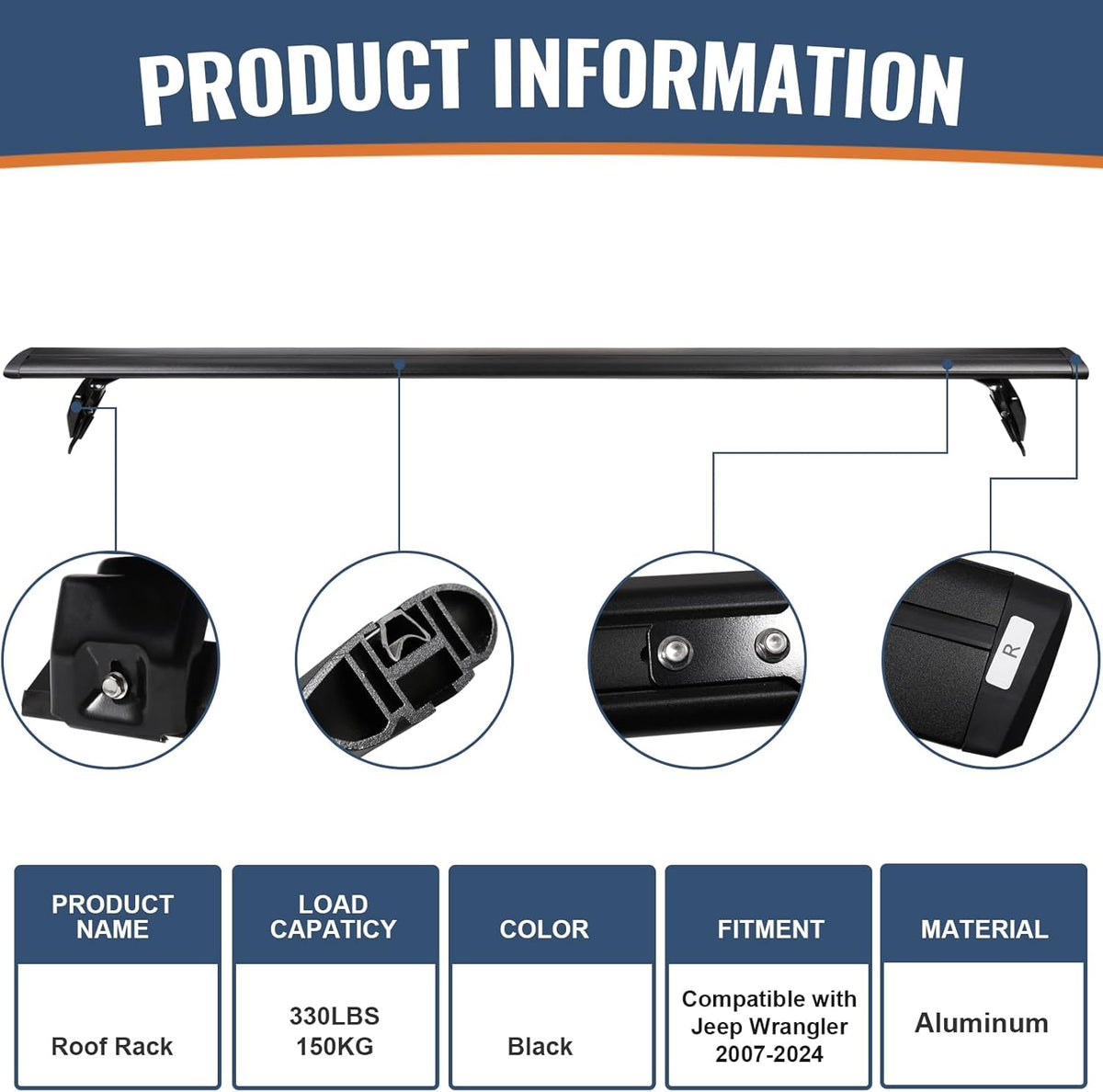 Wonderdriver Heavy Duty Roof Rack Cross Bars - 330lb Capacity for Jeep Wrangler JK JL Gladiator JT 2007-2026 | Aluminum Cargo Carrier