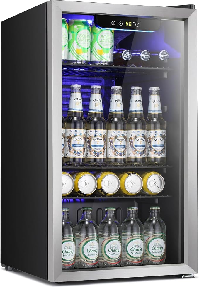 Antarctic Star Mini Fridge -130 Can Beverage Refrigerator for Soda Beer or Wine, Stainless steel door frame, for Office or Bar with Adjustable Removable Shelves, Silver, 3.1 Cu.Ft
